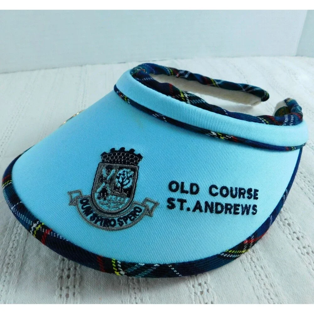 Old Course St Andrews Plaid Blue Golf Visor with Medallion Cotton Vintage NEW